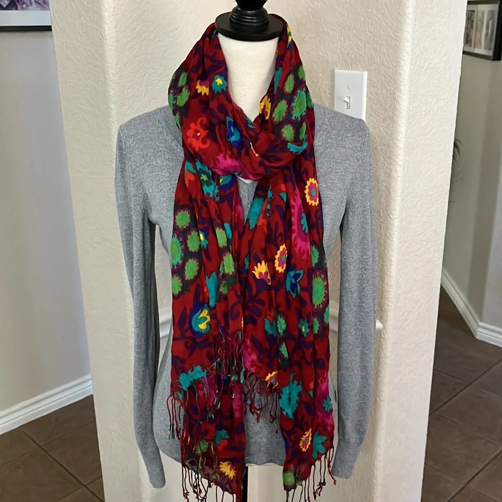 Red floral with fringe scarf